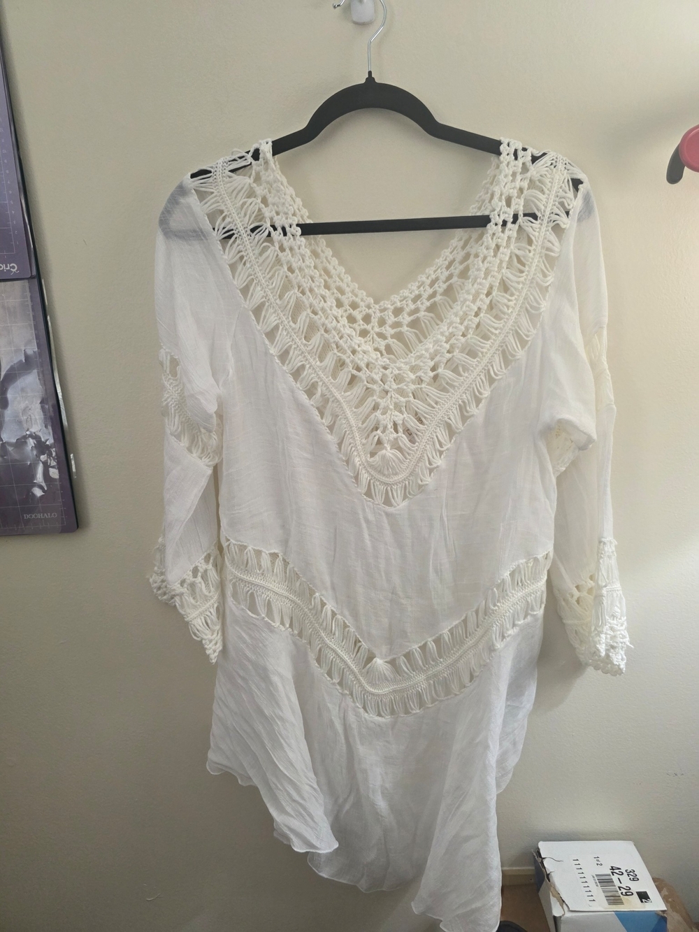 Boho Crochet V-Neck White Women's Tunic Top